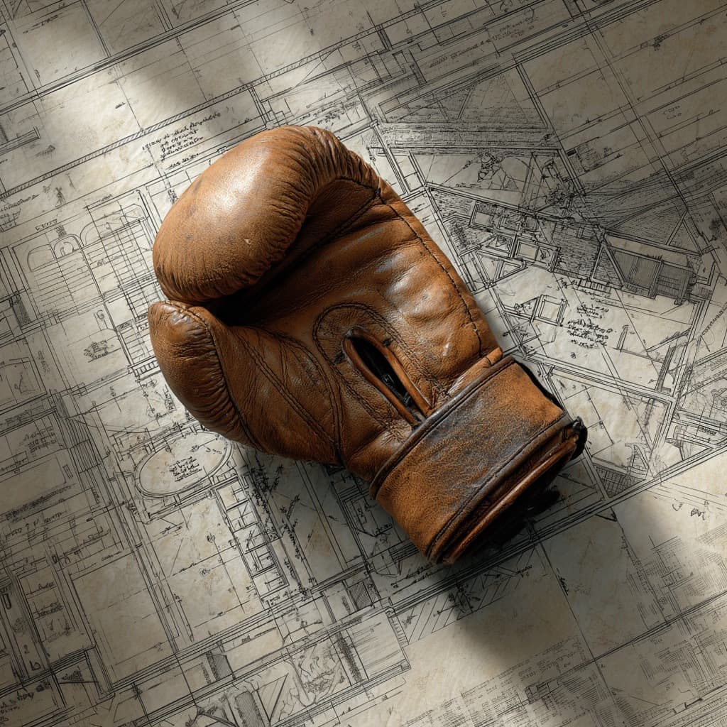 Pro Punch — vintage boxing glove on architectural blueprints